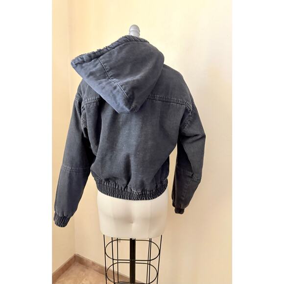 CALI 1850 Black Denim Sherpa Jacket Hoodie Small Cropped Hooded Lined - Picture 5 of 6